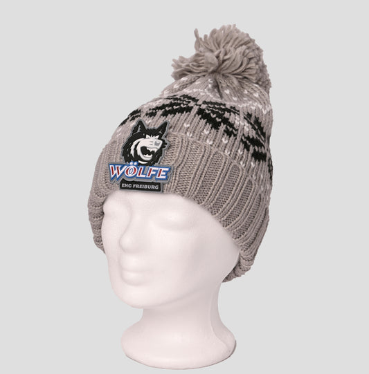 Wollmütze Bommel ~ grau-schwarz